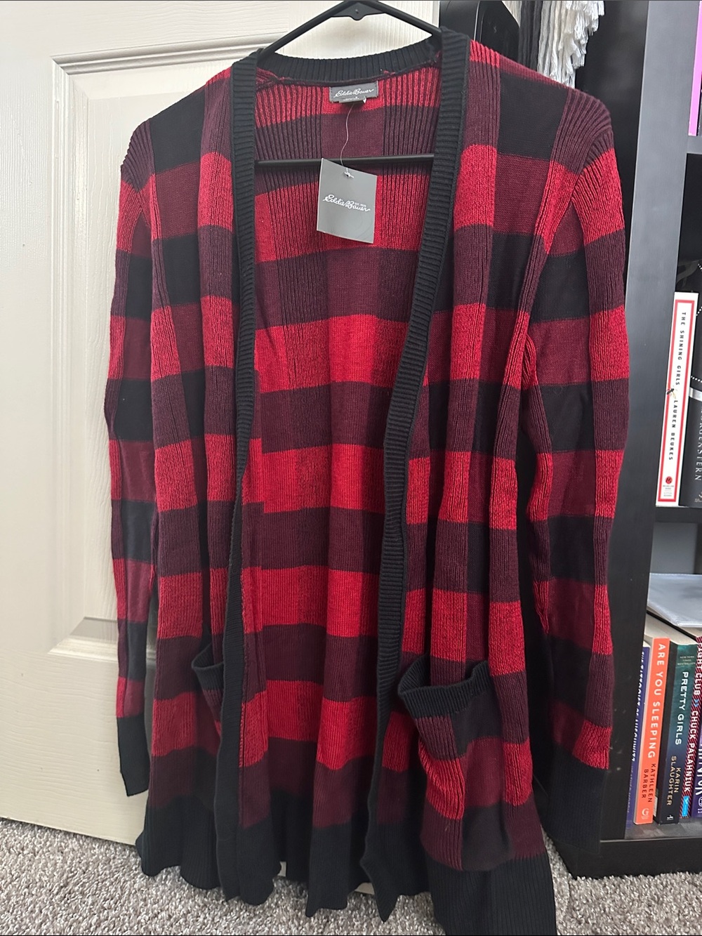 Eddie Bauer Red and Black Plaid Open-Front Cardigan